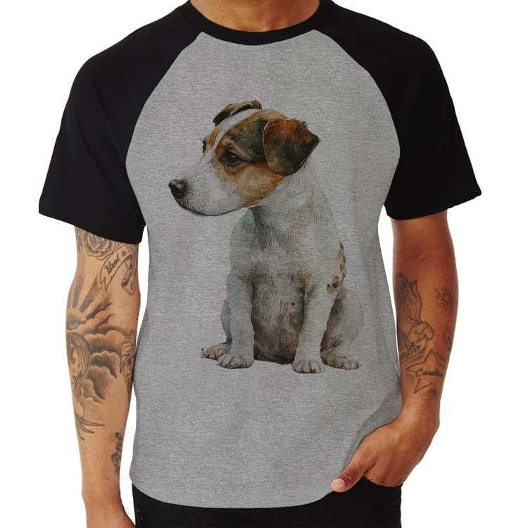Camiseta Raglan Cachorro Jack Russell Terrier - Cinza/Preto