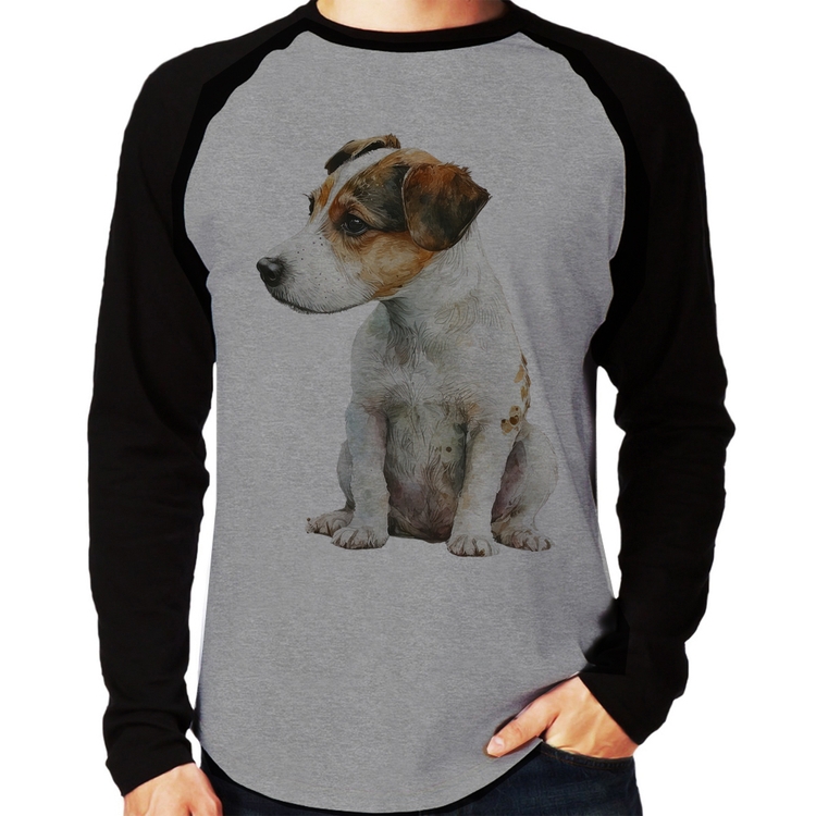 Camiseta Raglan Cachorro Jack Russell Terrier Manga Longa - Cinza/Preto