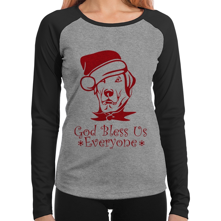 Baby Look Raglan Cachorro Noel Manga Longa - Cinza/Preto