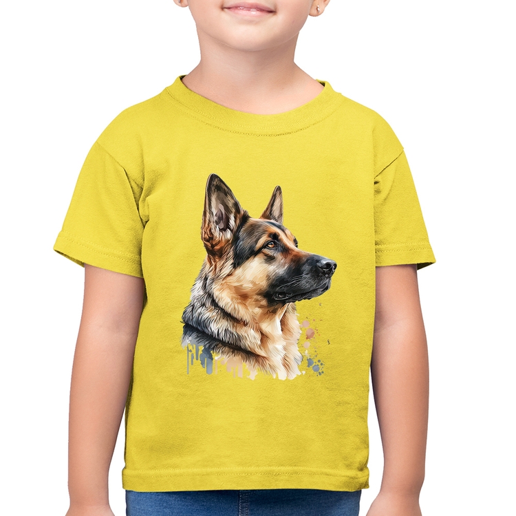 Camiseta Algodão Infantil Cachorro Pastor Alemão - Amarelo Canário