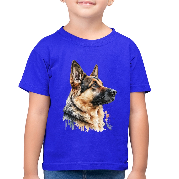 Camiseta Algodão Infantil Cachorro Pastor Alemão - Azul Royal