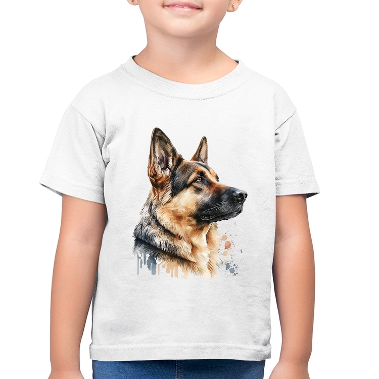 Camiseta Algodão Infantil Cachorro Pastor Alemão - Branca