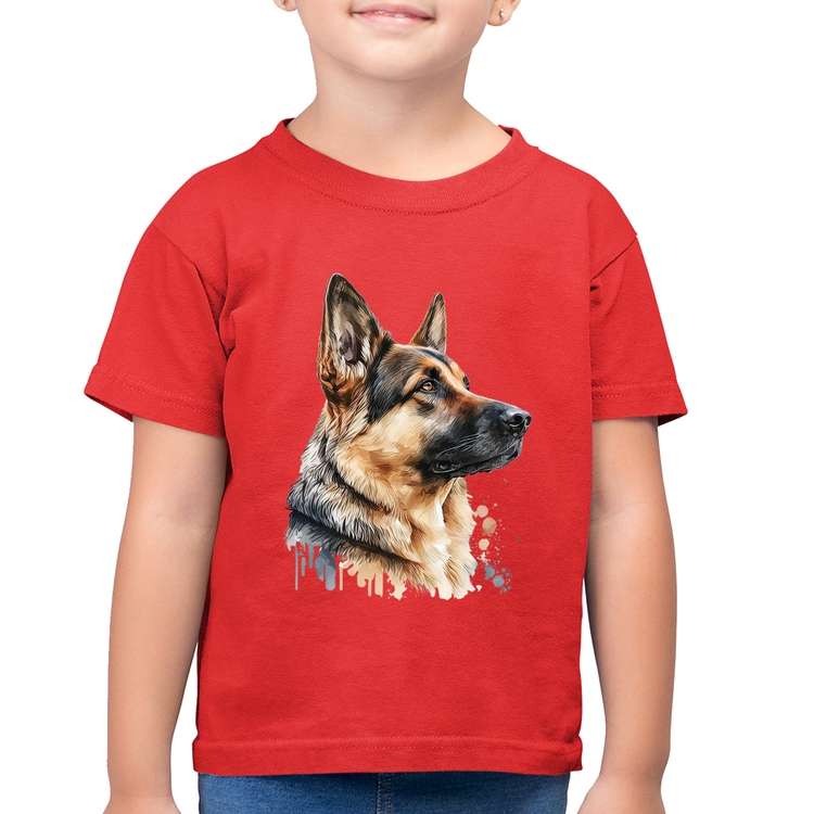Camiseta Algodão Infantil Cachorro Pastor Alemão - Vermelha