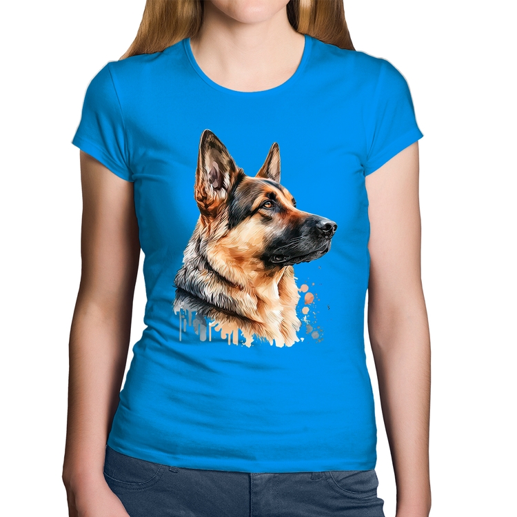 Baby Look Algodão Cachorro Pastor Alemão - Azul