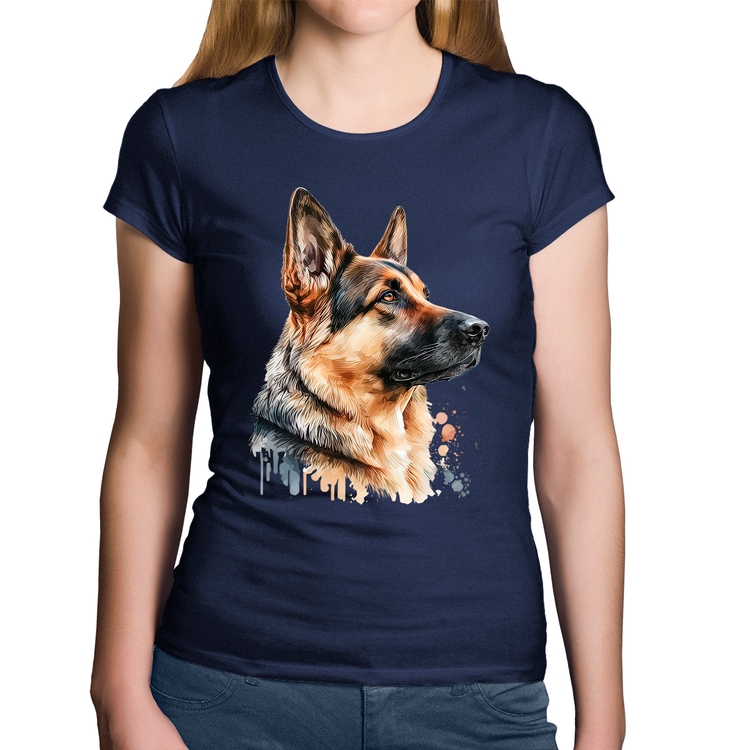 Baby Look Algodão Cachorro Pastor Alemão - Marinho