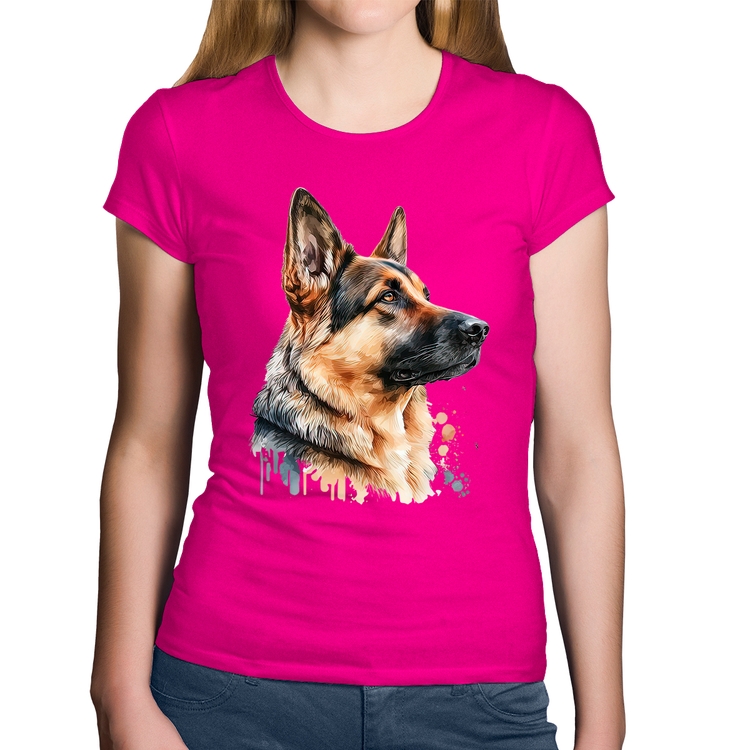 Baby Look Algodão Cachorro Pastor Alemão - Rosa