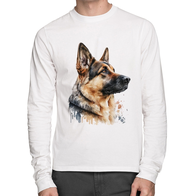 Camiseta Algodão Cachorro Pastor Alemão Manga Longa - Branca