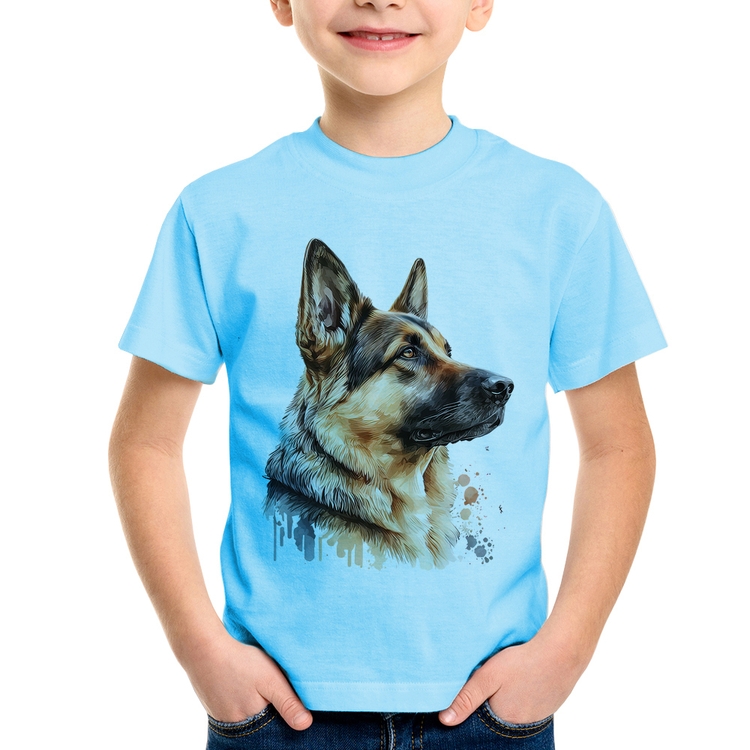 Camiseta Infantil Cachorro Pastor Alemão - Azul Bebê