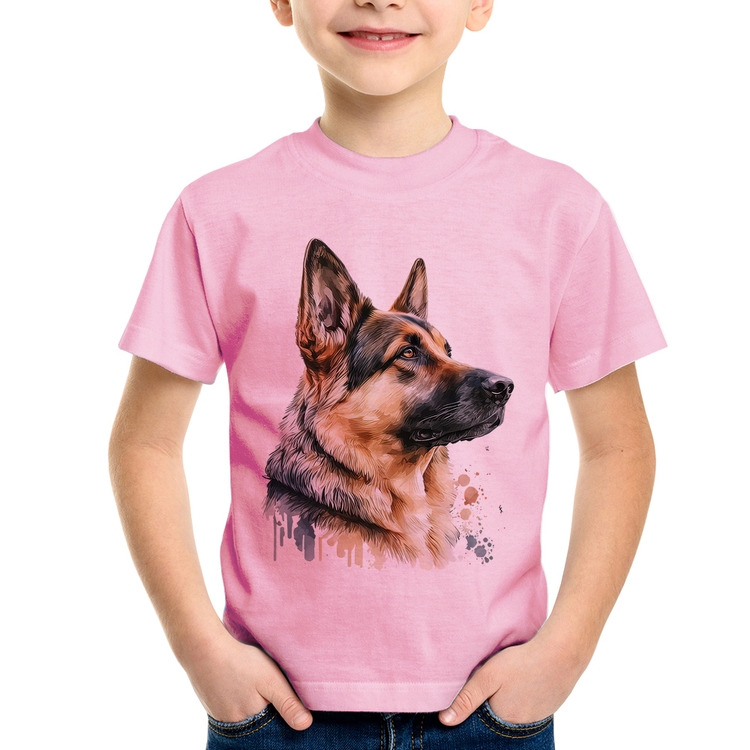 Camiseta Infantil Cachorro Pastor Alemão - Rosa Bebê
