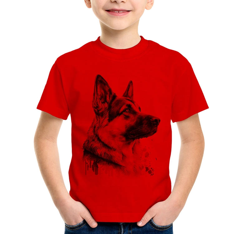 Camiseta Infantil Cachorro Pastor Alemão - Vermelha