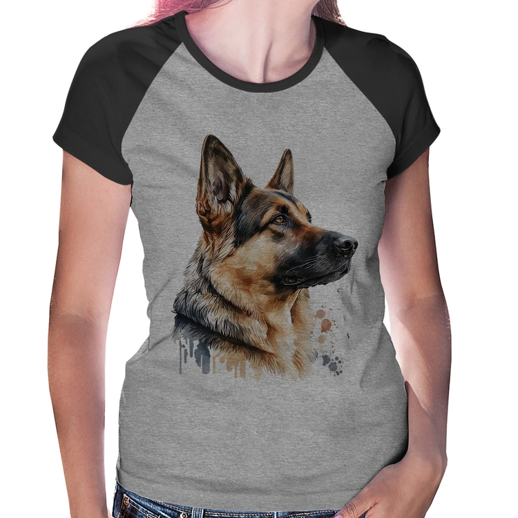 Baby Look Raglan Cachorro Pastor Alemão - Cinza/Preto