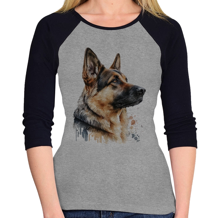 Baby Look Raglan Cachorro Pastor Alemão Manga 3/4 - Cinza/Preto