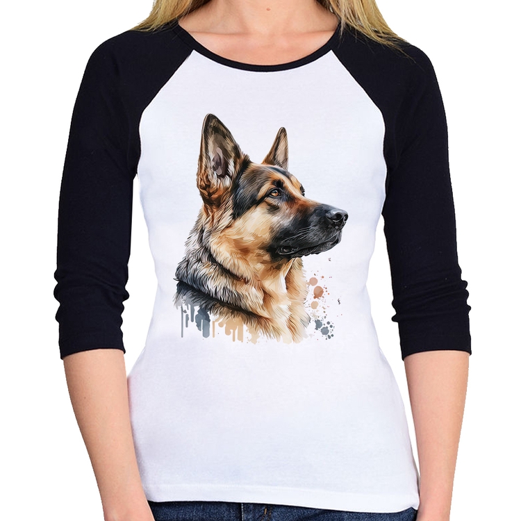 Baby Look Raglan Cachorro Pastor Alemão Manga 3/4
