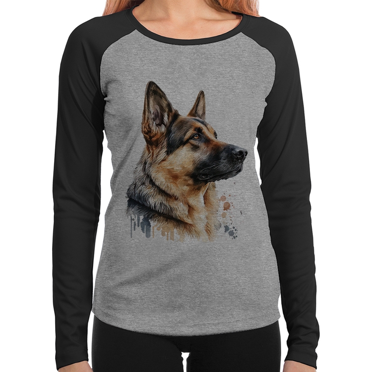 Baby Look Raglan Cachorro Pastor Alemão Manga Longa - Cinza/Preto