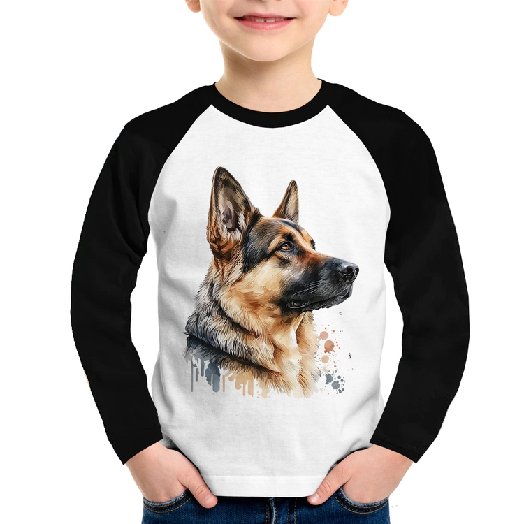 Camiseta Raglan Infantil Cachorro Pastor Alemão Manga Longa