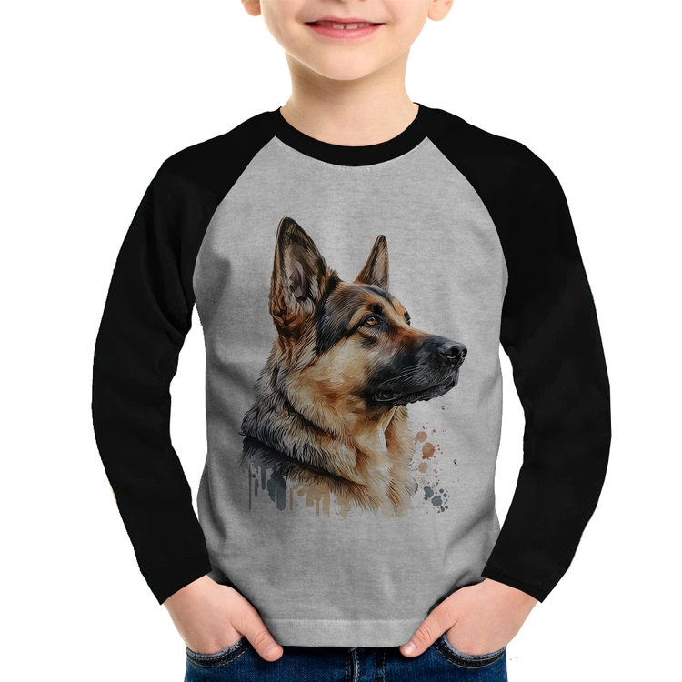 Camiseta Raglan Infantil Cachorro Pastor Alemão Manga Longa - Cinza/Preto