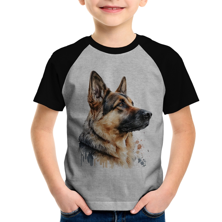 Camiseta Raglan Infantil Cachorro Pastor Alemão - Cinza/Preto