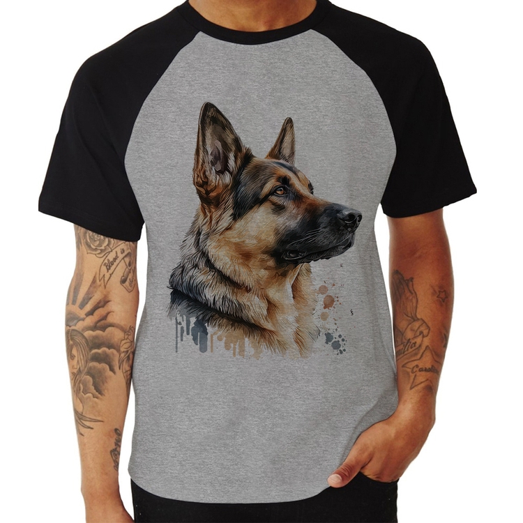 Camiseta Raglan Cachorro Pastor Alemão - Cinza/Preto