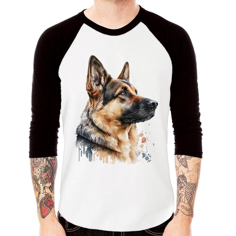 Camiseta Raglan Cachorro Pastor Alemão Manga 3/4