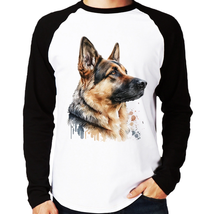 Camiseta Raglan Cachorro Pastor Alemão Manga Longa