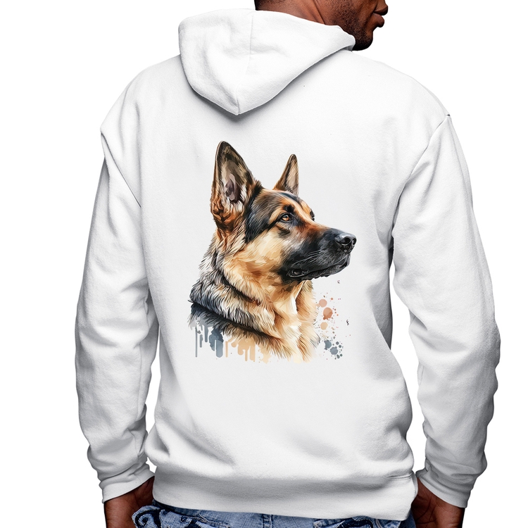 Blusa Moletom Cachorro Pastor Alemão Masculina com Capuz e Zíper - Branca
