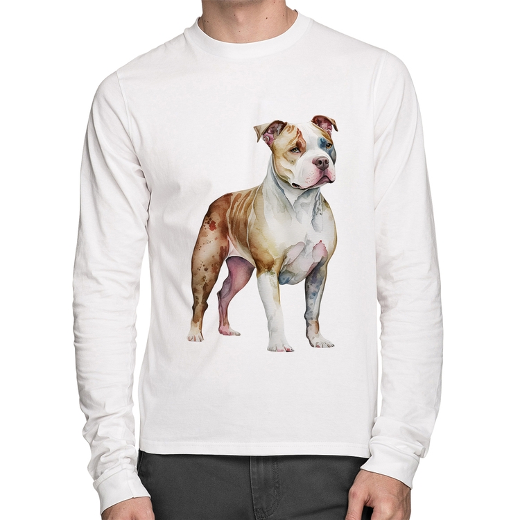 Camiseta Algodão Cachorro Pitbull Manga Longa - Branca