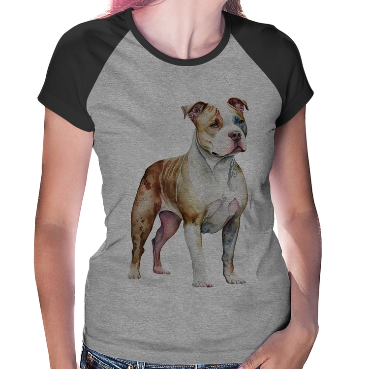Baby Look Raglan Cachorro Pitbull - Cinza/Preto