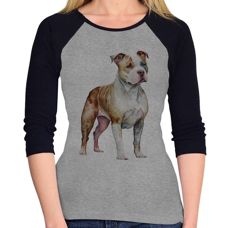 Baby Look Raglan Cachorro Pitbull Manga 3/4 - Cinza/Preto
