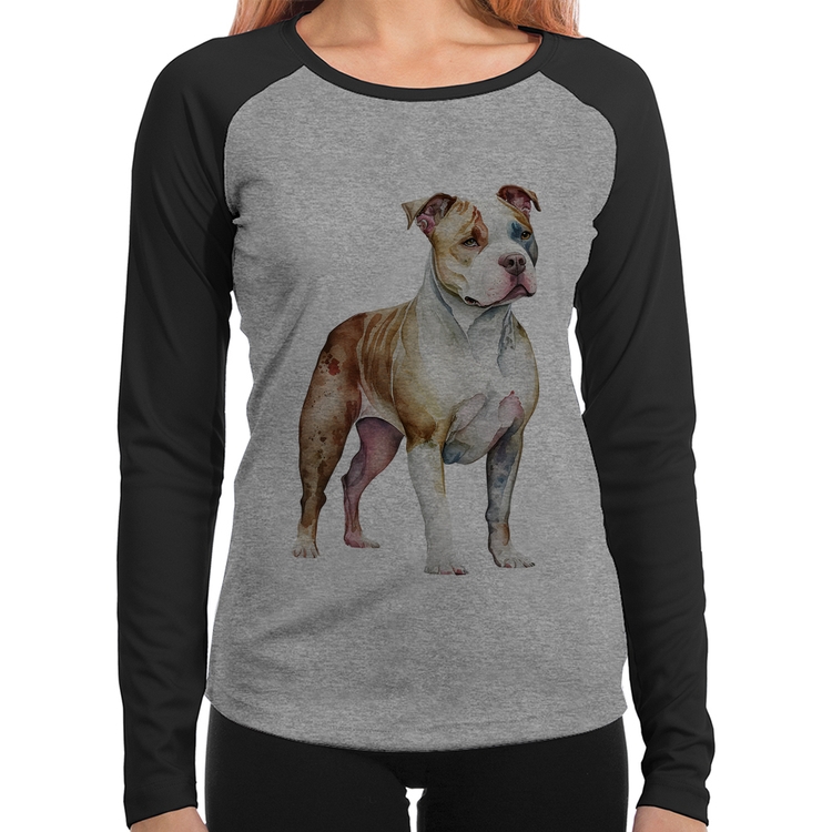 Baby Look Raglan Cachorro Pitbull Manga Longa - Cinza/Preto