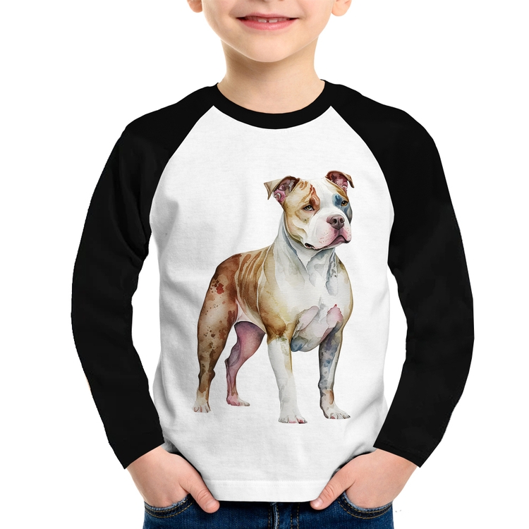 Camiseta Raglan Infantil Cachorro Pitbull Manga Longa