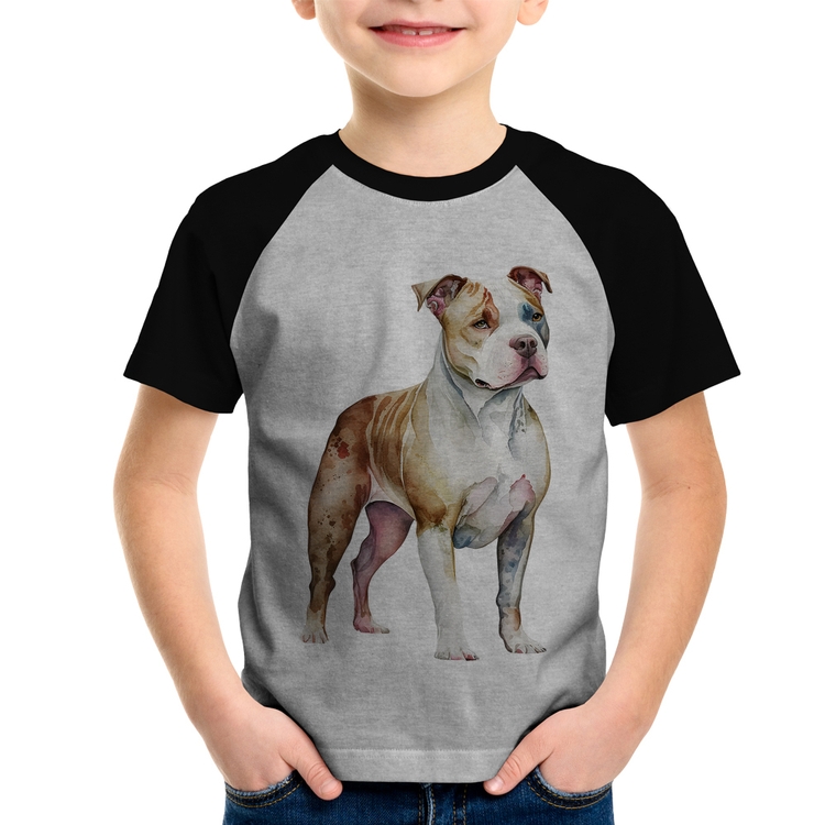Camiseta Raglan Infantil Cachorro Pitbull - Cinza/Preto