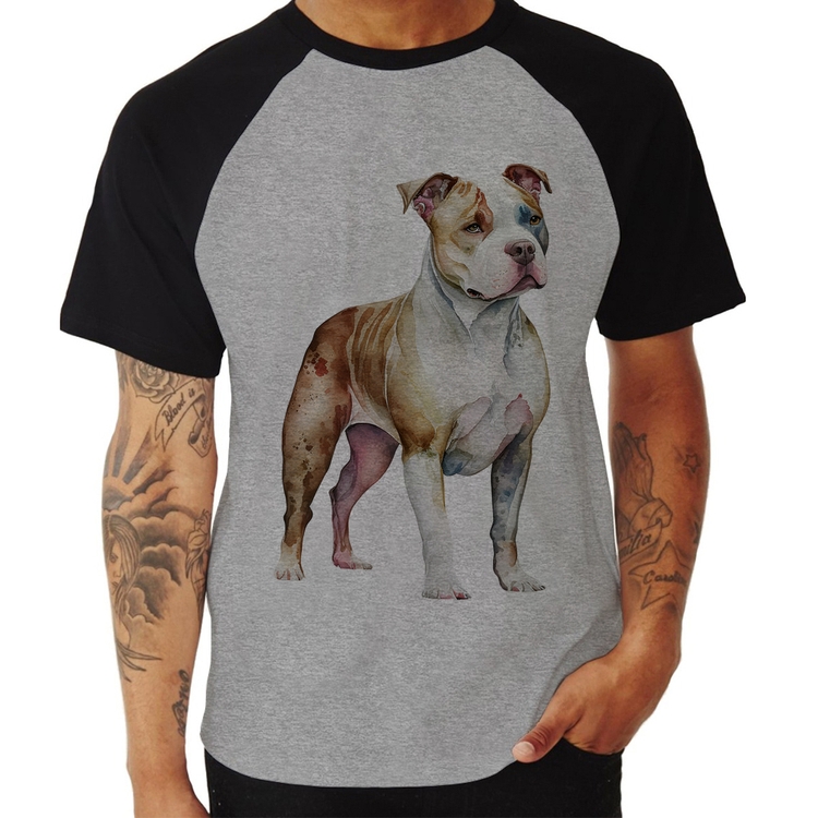 Camiseta Raglan Cachorro Pitbull - Cinza/Preto