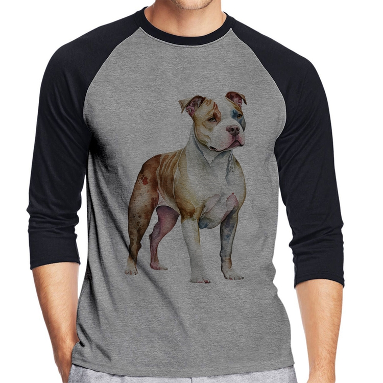 Camiseta Raglan Cachorro Pitbull Manga 3/4 - Cinza/Preto
