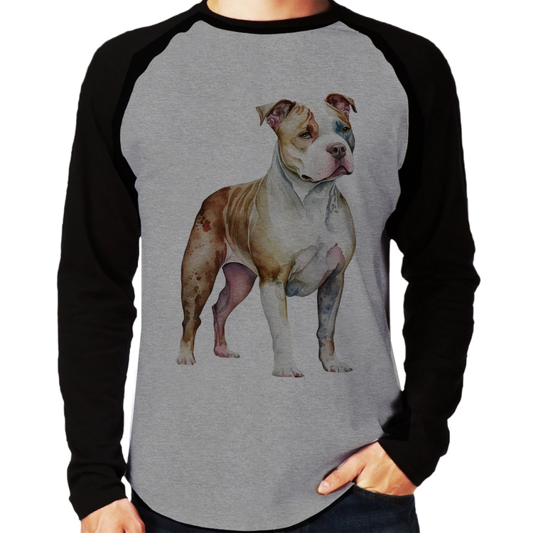 Camiseta Raglan Cachorro Pitbull Manga Longa - Cinza/Preto