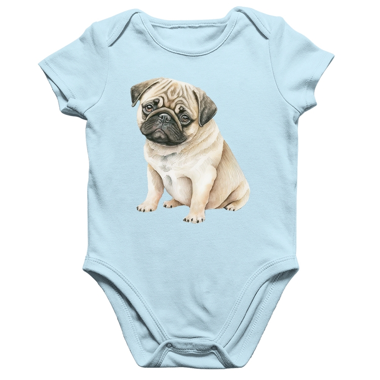 Body Bebê Algodão Cachorro Pug - Azul Bebê