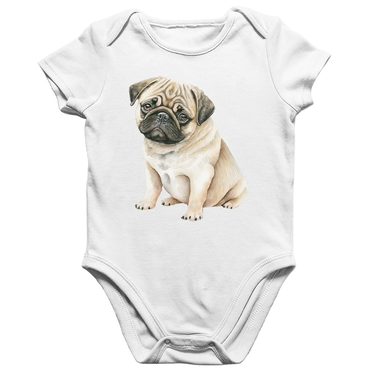 Body Bebê Algodão Cachorro Pug - Branco