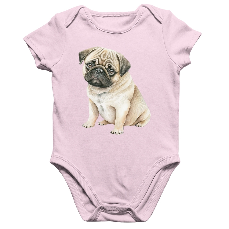 Body Bebê Algodão Cachorro Pug - Rosa Bebê