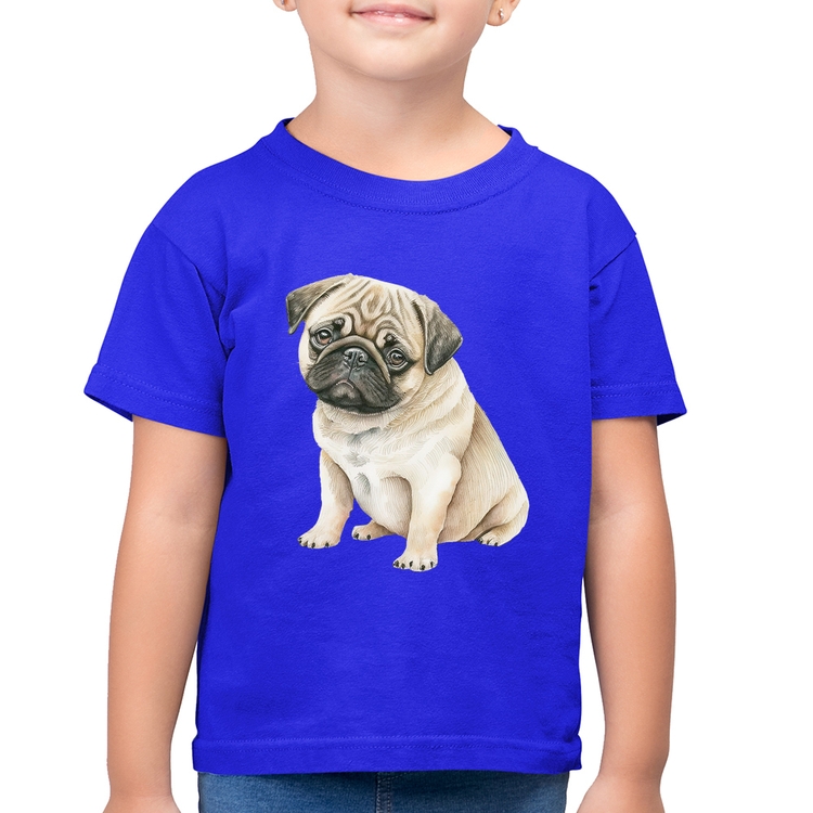 Camiseta Algodão Infantil Cachorro Pug - Azul Royal
