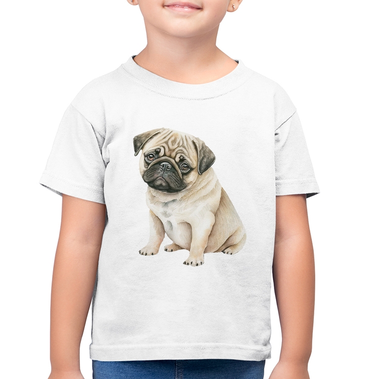 Camiseta Algodão Infantil Cachorro Pug - Branca
