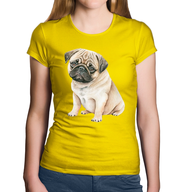 Baby Look Algodão Cachorro Pug - Amarela