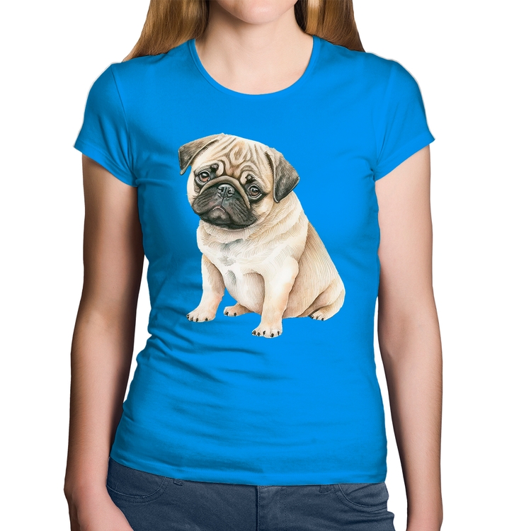 Baby Look Algodão Cachorro Pug - Azul