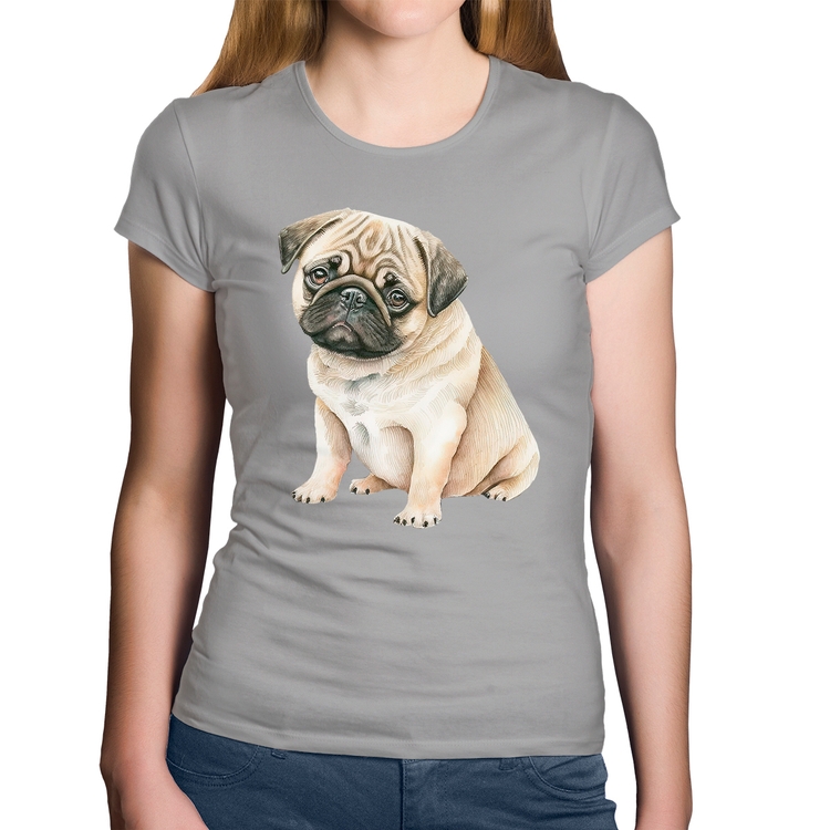 Baby Look Algodão Cachorro Pug - Cinza