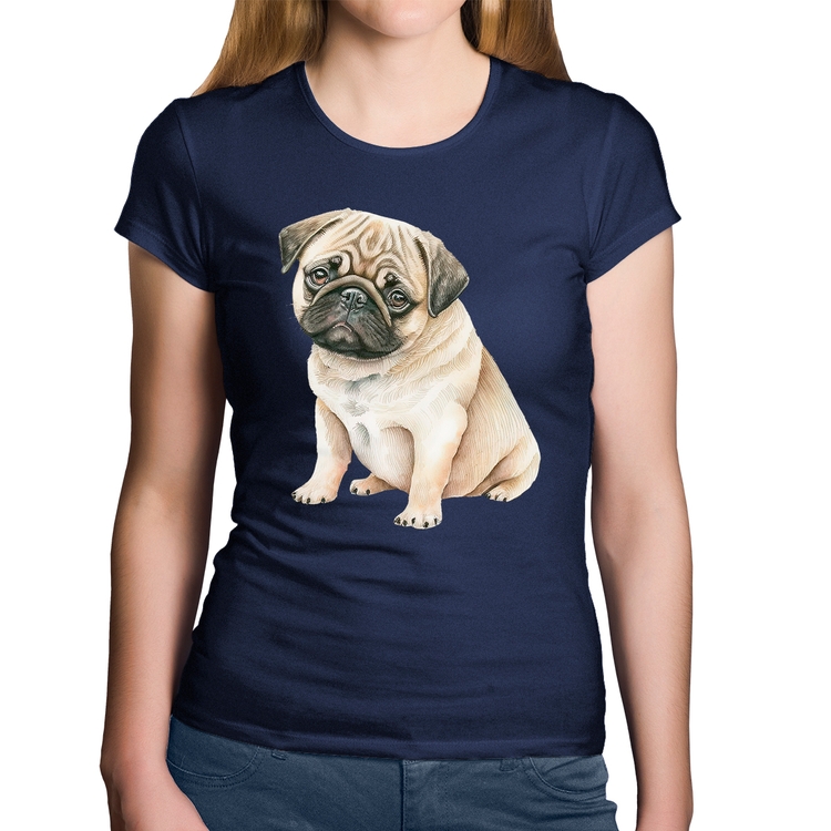 Baby Look Algodão Cachorro Pug - Marinho