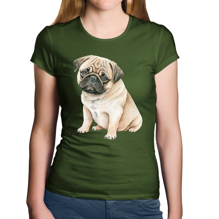 Baby Look Algodão Cachorro Pug - Musgo
