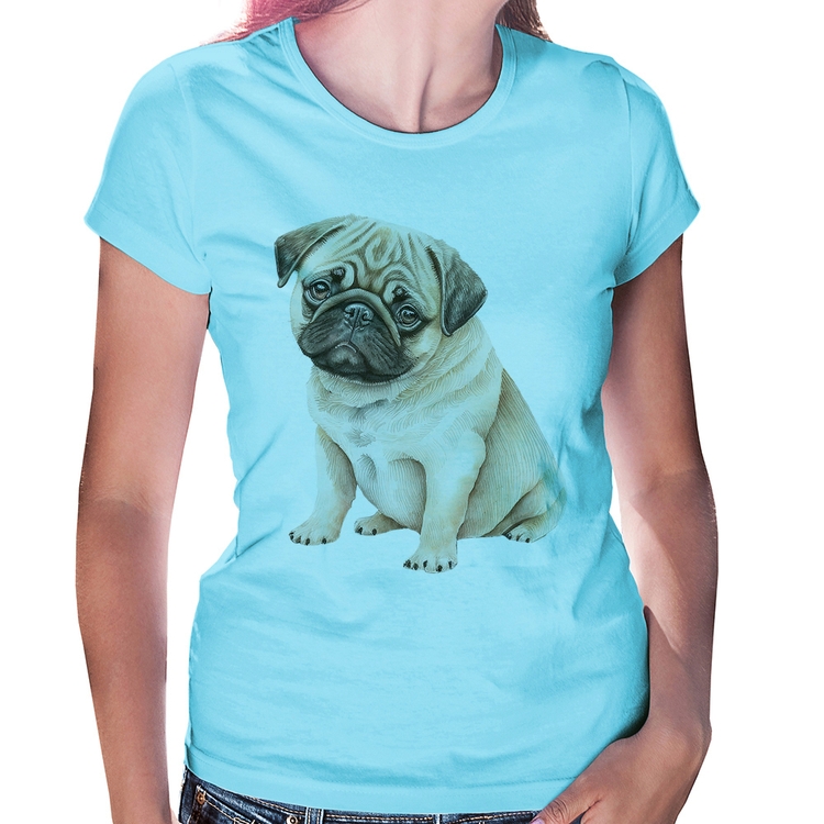 Baby Look Cachorro Pug - Azul Bebê