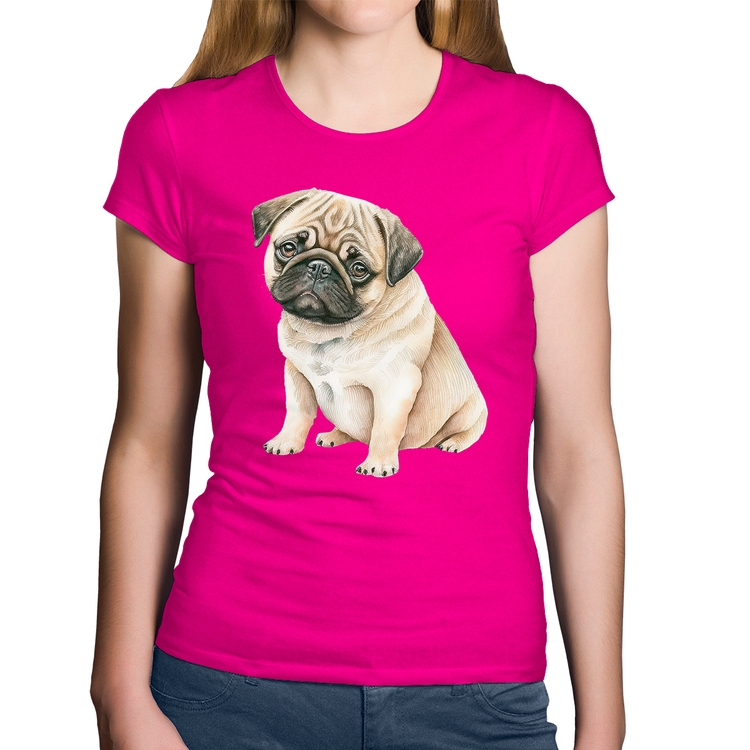Baby Look Algodão Cachorro Pug - Rosa