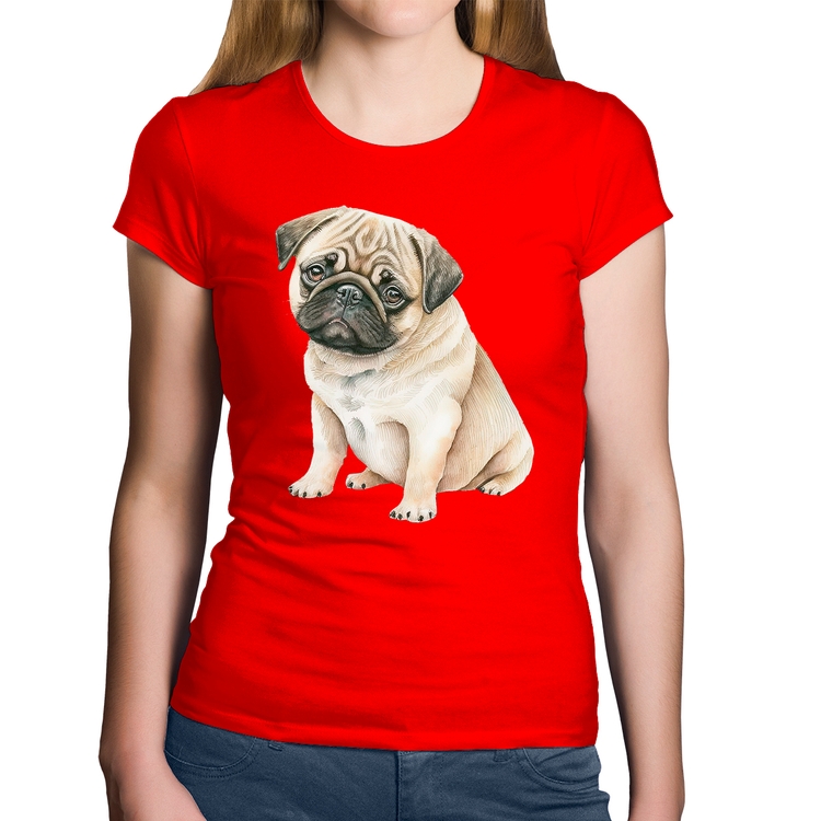 Baby Look Algodão Cachorro Pug - Vermelha