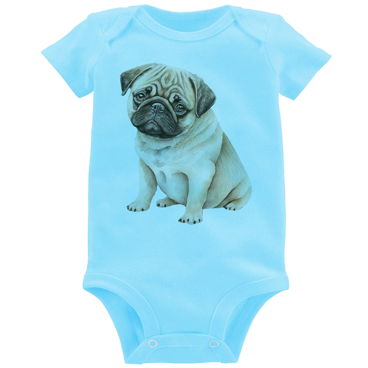 Body Bebê Cachorro Pug - Azul Bebê