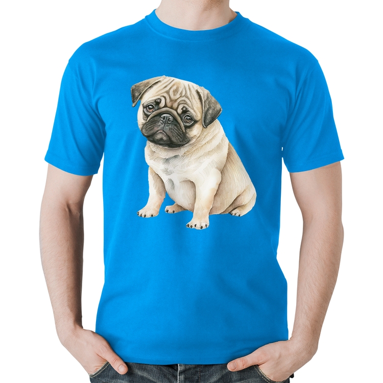 Camiseta Algodão Cachorro Pug - Azul