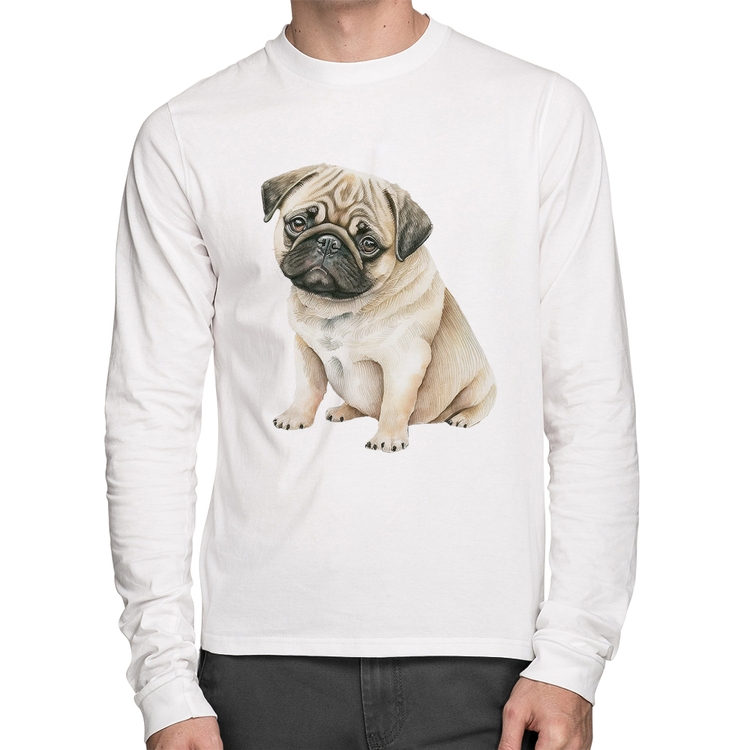 Camiseta Algodão Cachorro Pug Manga Longa - Branca